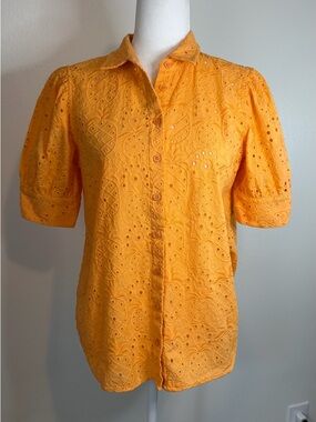Chico’s Top Eyelet Cotton Puff Sleeves Pinapple Embroidery Size 0 (small 4)